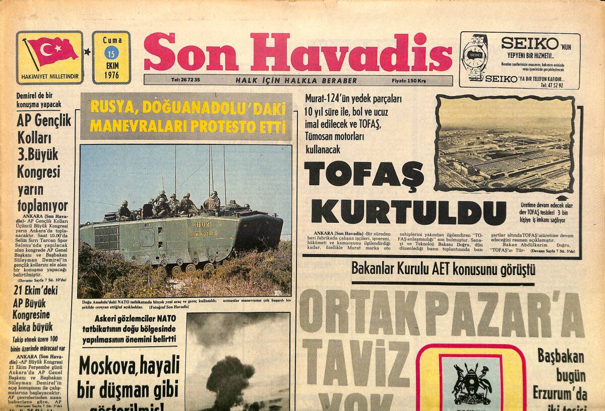 Son Havadis Gazetesi 15 Ekim 1976 - Murat-124'ün Yedek Parçaları 10 Yıl Süre İle , Bol Ve Ucuz İmal Edilecek Ve TOFAŞ , Tümosan Motorları Kullanacak GZ161092 - 1