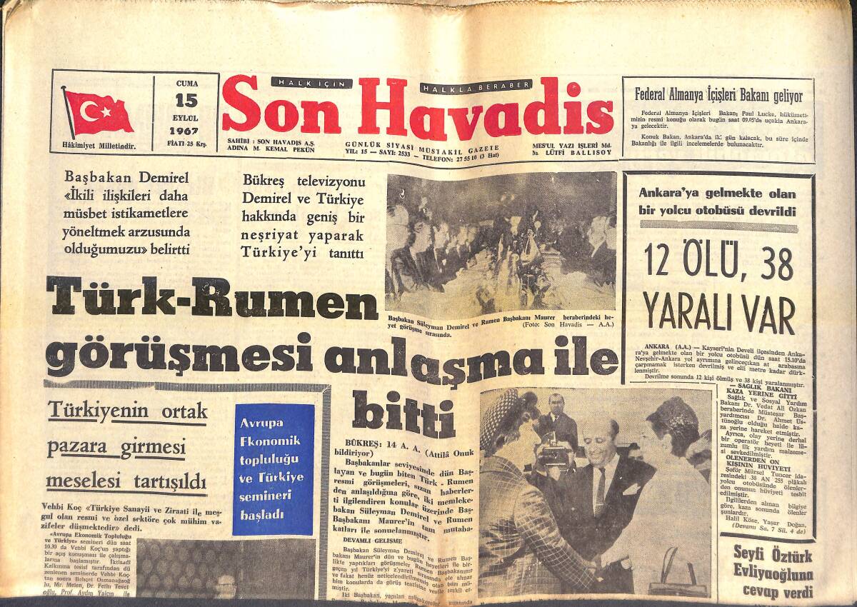 Son Havadis Gazetesi 15 Eylül 1967 - Galatasaray Yeni Bir İngiliz Menajer Getiriyor - Ünlü Şarkıcı M. Mathieu Tehdit Ediliyor GZ143074 - 1