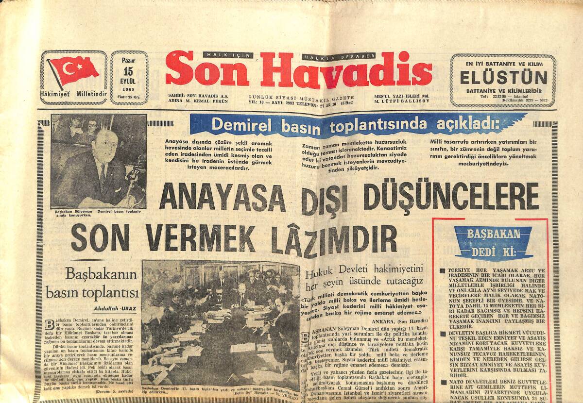 Son Havadis Gazetesi 15 Eylül 1968 - Fenerbahçe İngiltere'de - Keban Barajı Nur Saçacak Doğuya GZ142830 - 1
