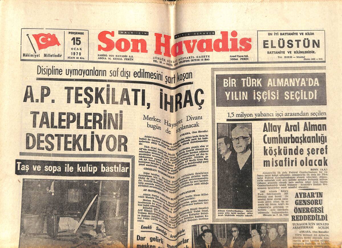 Son Havadis Gazetesi 15 Ocak 1970 - Metin Oktay Legia Maçında Oynuyor - Bir Türk Almanya'da Yılın İşçisi Seçildi GZ143302 - 1
