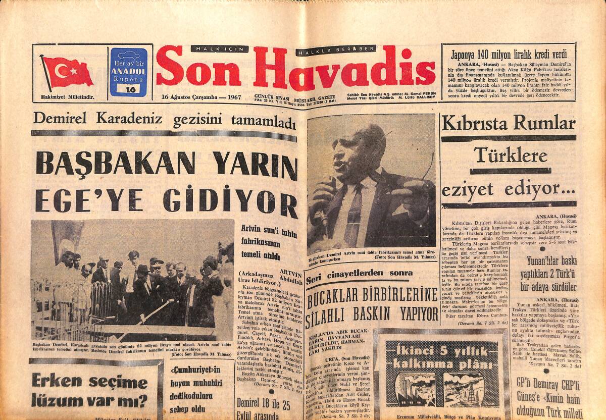Son Havadis Gazetesi 16 Ağustos 1967 - İsmet Sezgin Amerika'ya Gidiyor - Kıbrıs'ta Rumlar Türklere Eziyet Ediyor... GZ149660 - 1