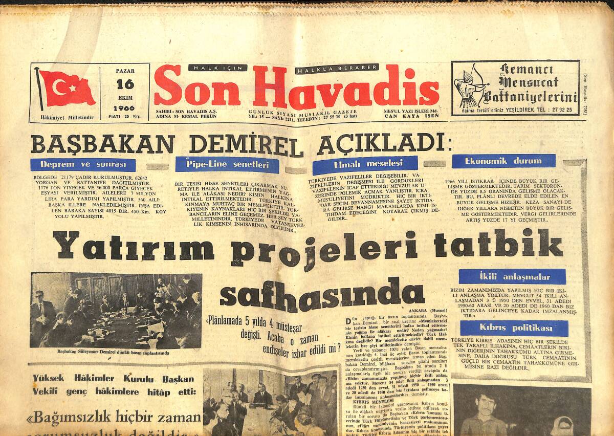 Son Havadis Gazetesi 16 Ekim 1966 - İnsan Bir Kere Ölür Filme Alındı, Kartal Tibet, Sevdağ Ferdağ, Erol Taş GZ142844 - 1