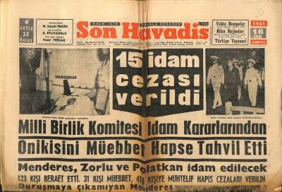 Son Havadis Gazetesi 16 Eylül 1961 - Menderes,Polatkan Ve Zorlu İdam Edilecek GZ99032 - 1
