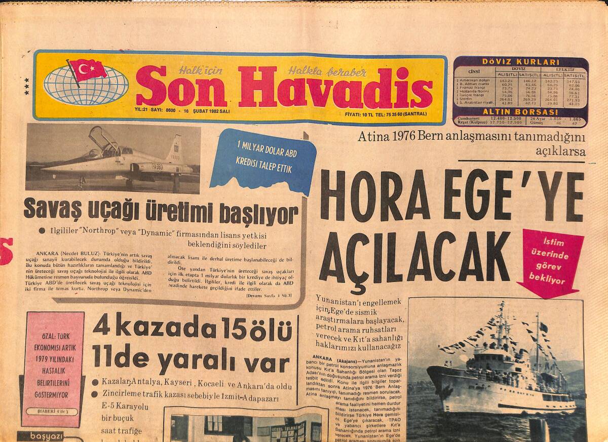 Son Havadis Gazetesi 16 Şubat 1982 - Savaş Uçağı Üretimi Başlıyor - Ege Ekici Tütün Piyasası Yarın Açılıyor GZ149678 - 1