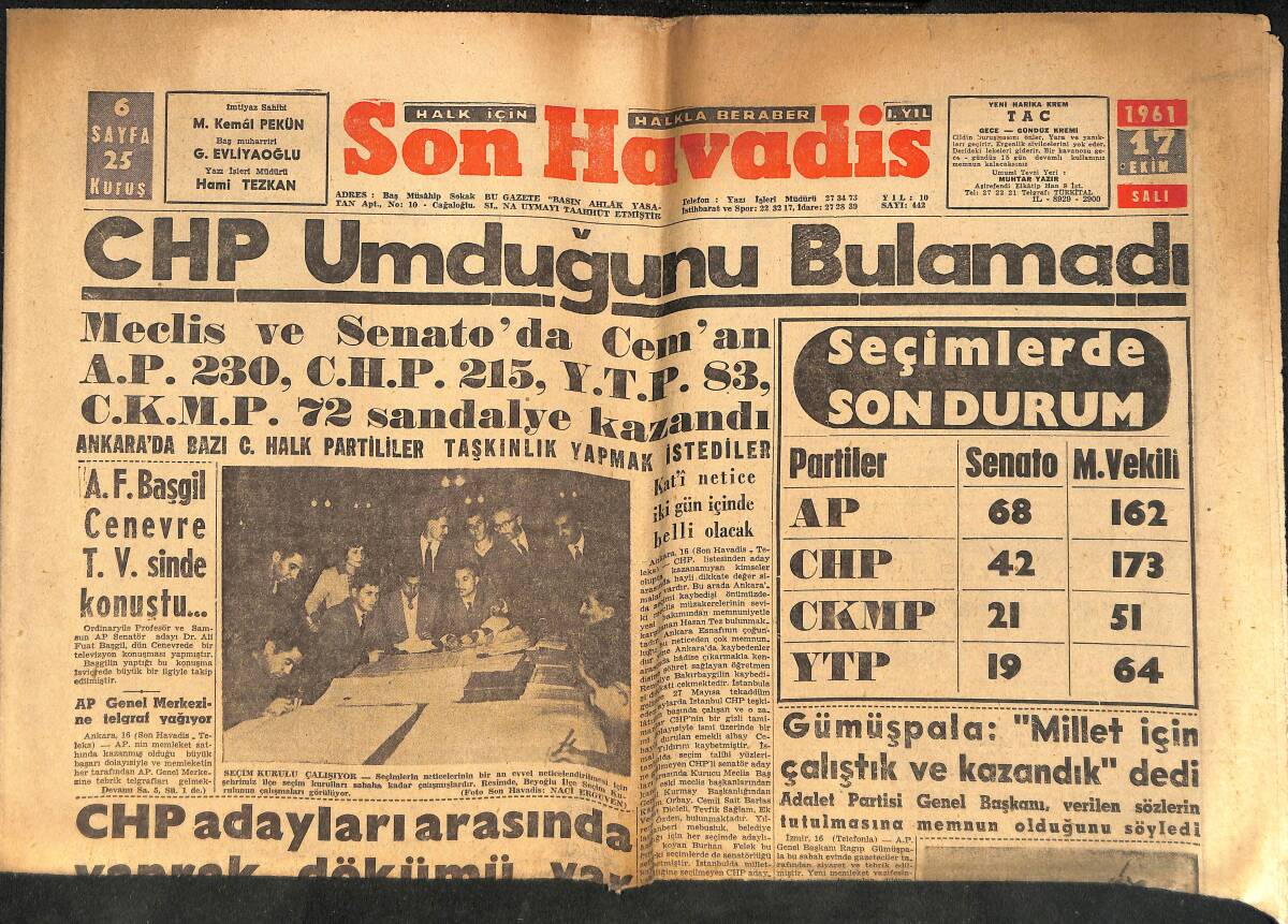 Son Havadis Gazetesi 17 Ekim 1961 - Örfi İdare Seçim Sonuçları İle İlgili Bir Tebliğ Neşretti GZ158836 - 1