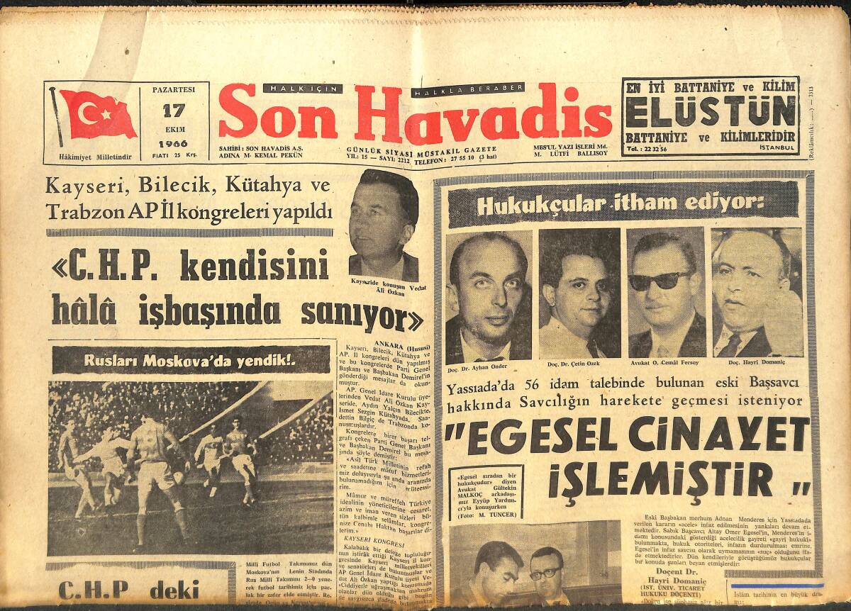 Son Havadis Gazetesi 17 Ekim 1966 - İnönü'nün Cemal Gürsel'e Yazdığı Mektup Açıklandı - France Gall Günün Gözdesi GZ142845 - 1