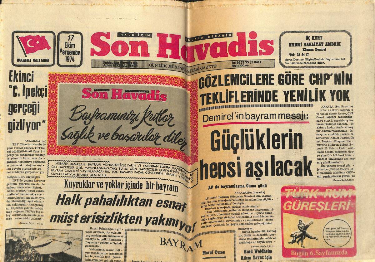Son Havadis Gazetesi 17 Ekim 1974 - Neşe Karaböcek'lerin Saltanatı Sürüyor - Akşehirli Avcılar Av Mevsimini Açtılar GZ160272 - 1