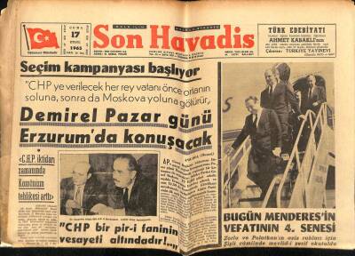 Son Havadis Gazetesi 17 Eylül 1965 - Bugün Menderesin Vefatının 4. Senesi GZ65637 - 1