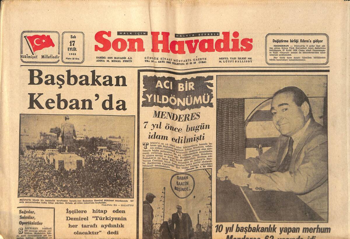 Son Havadis Gazetesi 17 Eylül 1968 - Başbakan Keban'da - 16 Ağır Sanayi Merkezinde Genel Greve Gidiliyor GZ158779 - 1