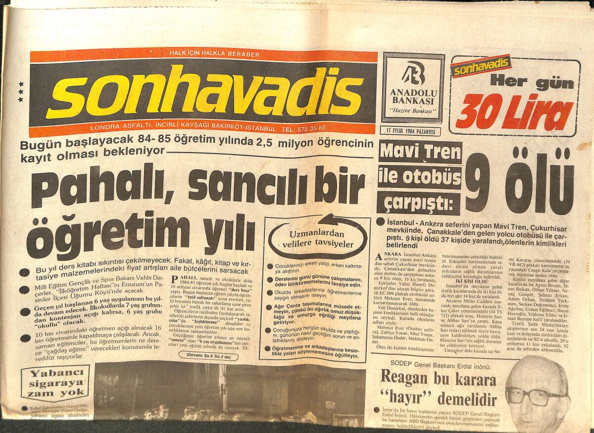 Son Havadis Gazetesi 17 Eylül 1984 - Pahalı, Sancılı Bir Öğretim Yılı - Vali Ayaz'ın Kızı Evlendi! GZ144130 - 1