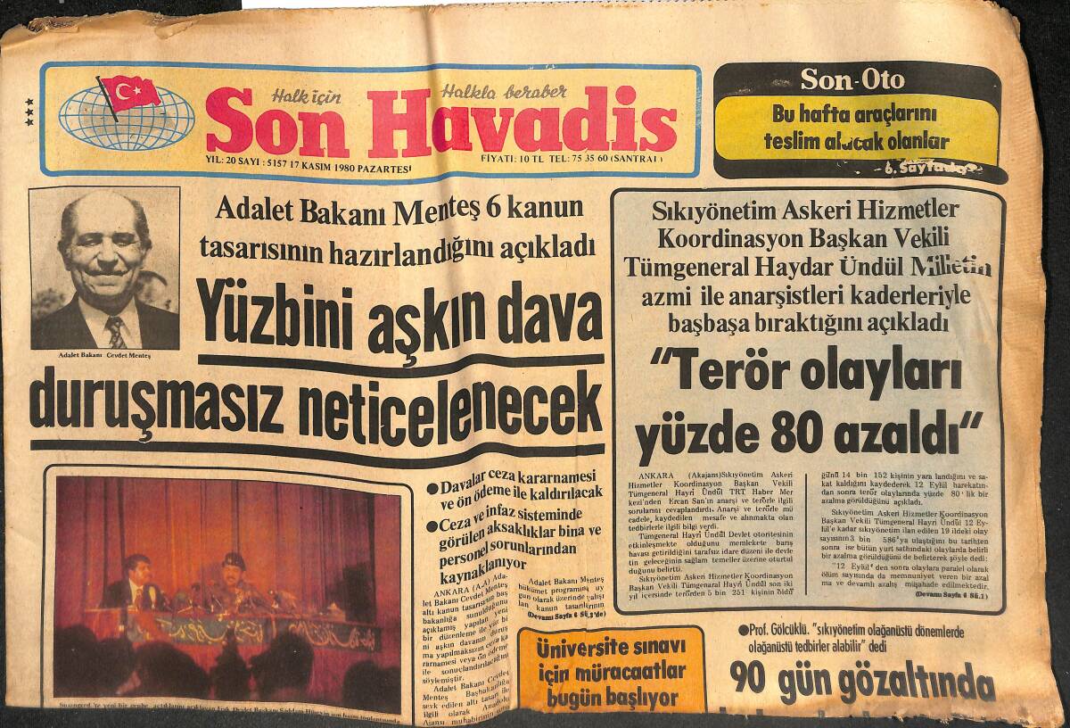 Son Havadis Gazetesi 17 Kasım 1980 - Sezen Aksu Bu Defa da Mide Kanaması Geçirdi - Irak Askerleri Susangerd Şehrine Girdi GZ134110 - 1