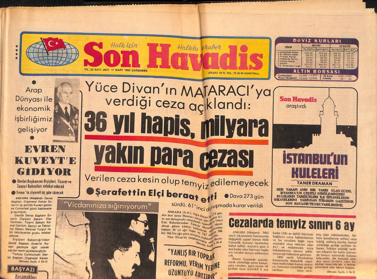 Son Havadis Gazetesi 17 Mart 1982 - Emel Sayın Dert Ortağı Seçti : Kuaför Mahmut - Evren Kuveyt'e Gidiyor GZ149449 - 1
