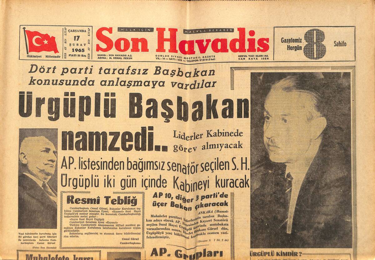 Son Havadis Gazetesi 17 Şubat 1965 - İran Şah'ı Dün Yeşilköye Uğradı - Erkin Uygun Bir İş Arıyor GZ158652 - 1