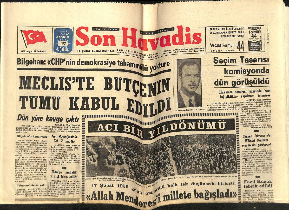 Son Havadis Gazetesi 17 Şubat 1968 - Lütfi Kırdar Bugün Anılıyor - Fazıl Küçük Tebrik Edildi GZ148829 - 1