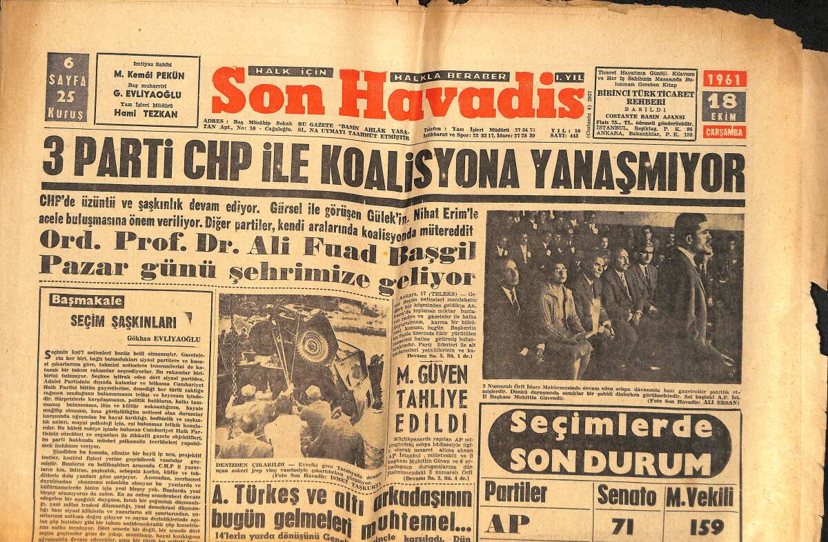 Son Havadis Gazetesi 18 Ekim 1961 - A.Türkeş Ve Altı Arkadaşının Bugün Gelmeleri Muhtemel... GZ158835 - 1