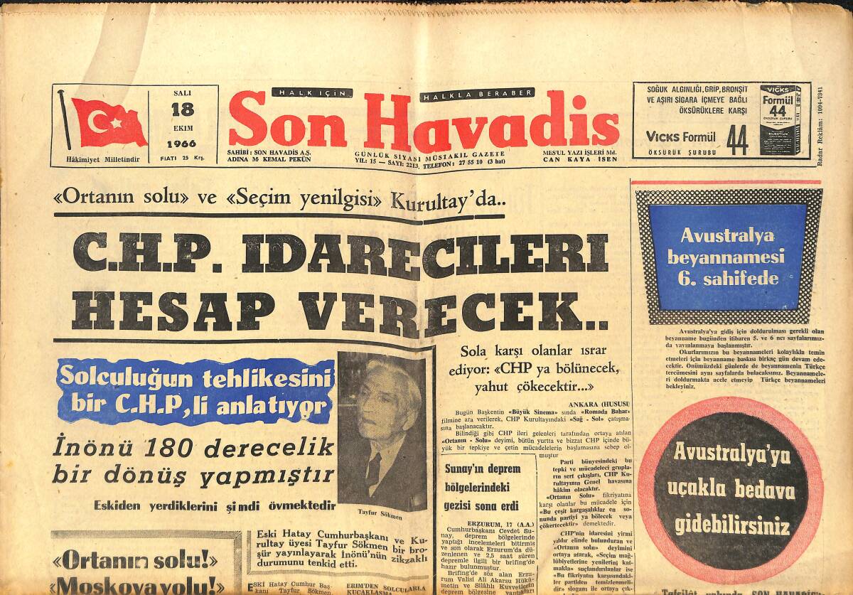 Son Havadis Gazetesi 18 Ekim 1966 - CHP İdarecileri Hesap Verecek - İnönü 180 Derecelik Bir Dönüş Yapmıştır GZ142846 - 1