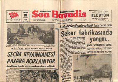 Son Havadis Gazetesi 18 Eylül 1968 - Eskişehir Şeker Fabrikasında Yangın GZ99090 - 1