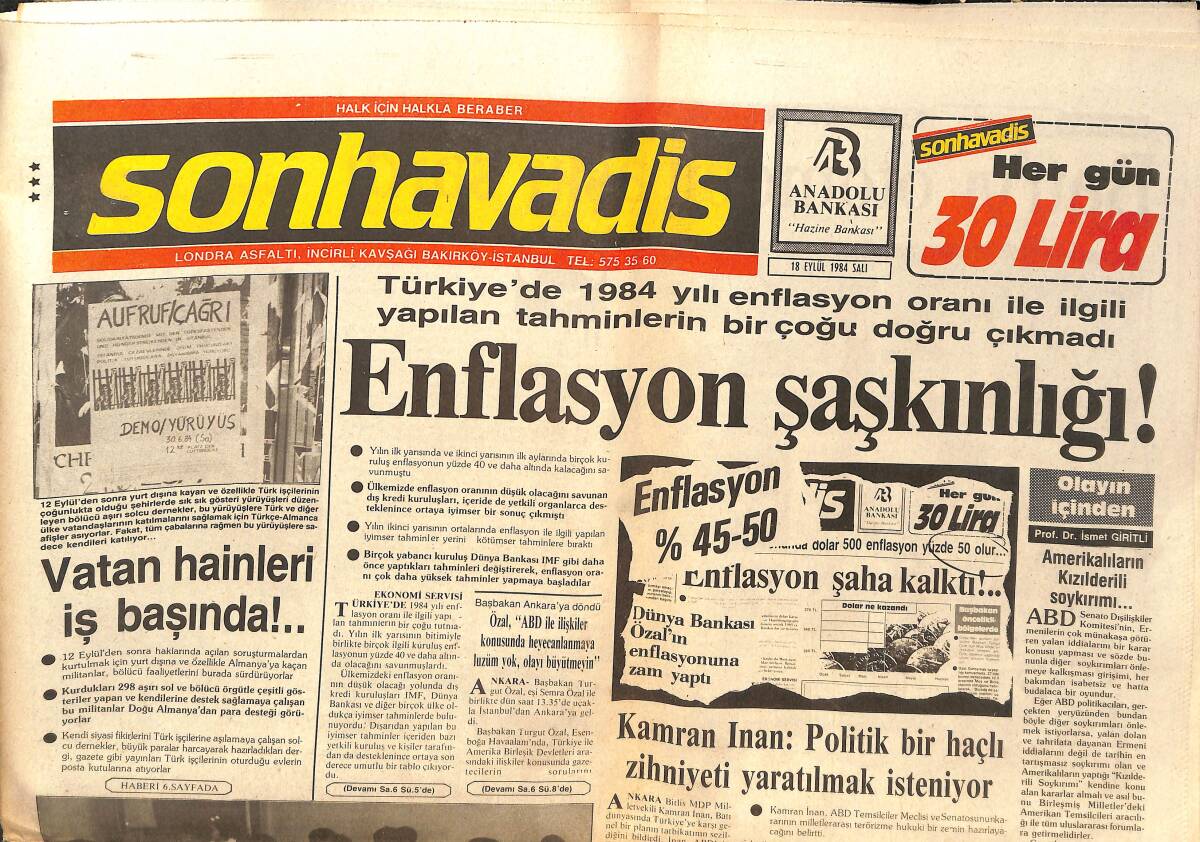 Son Havadis Gazetesi 18 Eylül 1984 - Enflasyon Şaşkınlığı! - Galatasaray Düzlüğe Çıktı! GZ144129 - 1