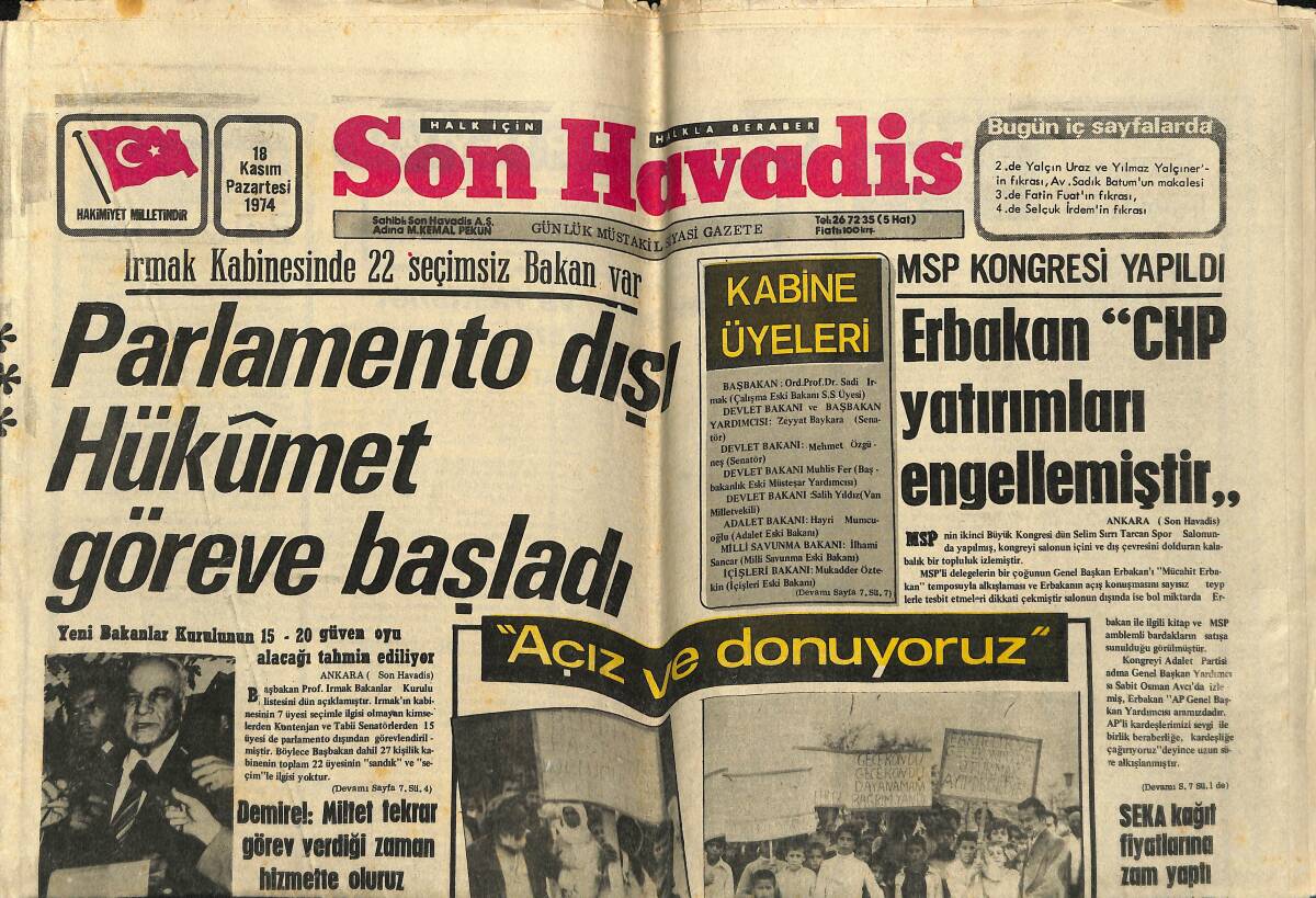 Son Havadis Gazetesi 18 Kasım 1974 - Irmak Kabinesinde 22 Seçimsiz Bakan Var - SEKA Kâğıt Fiyatlarına Zam Yaptı GZ160280 - 1