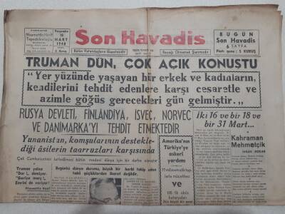 Son Havadis Gazetesi 18 Mart 1948 - Truman Dün Çok Açık Konuştu GZ71791 - 1