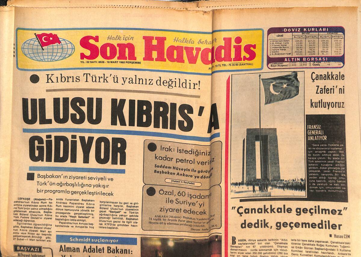 Son Havadis Gazetesi 18 Mart 1982 - Ulusu Kıbrıs'a Gidiyor - Schmidt Suçlanıyor GZ149450 - 1