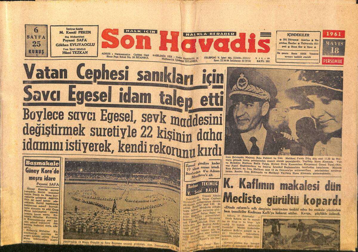 Son Havadis Gazetesi 18 Mayıs 1961 - İran Şahı ve Farah Diba Şehrimizden Geçti - Beyaz Sarayın Küçük Prensesi Caroline GZ153454 - 1