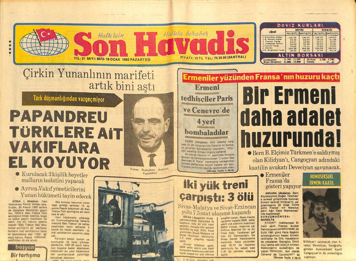 Son Havadis Gazetesi 18 Ocak 1982 - Raquel Welch'in Sol Göğsünde Kanser Tesbit Edildi - Papandreu Türkler'e Ait Vakıflara El Koyuyor GZ142742 - 1