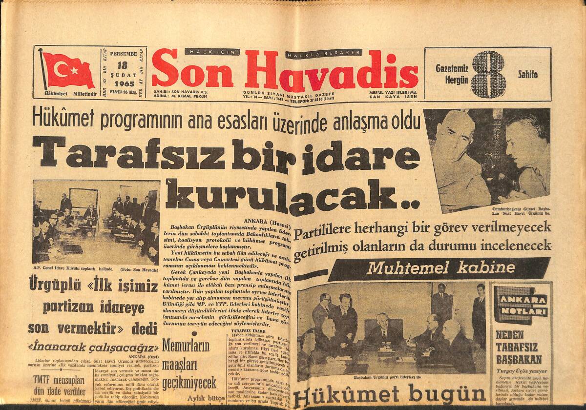 Son Havadis Gazetesi 18 Şubat 1965 - Cihat Bilgehan Açıklama Yaptı - Hükümet Programının Ana Esasları Üzerinde Anlaşma Oldu GZ158653 - 1