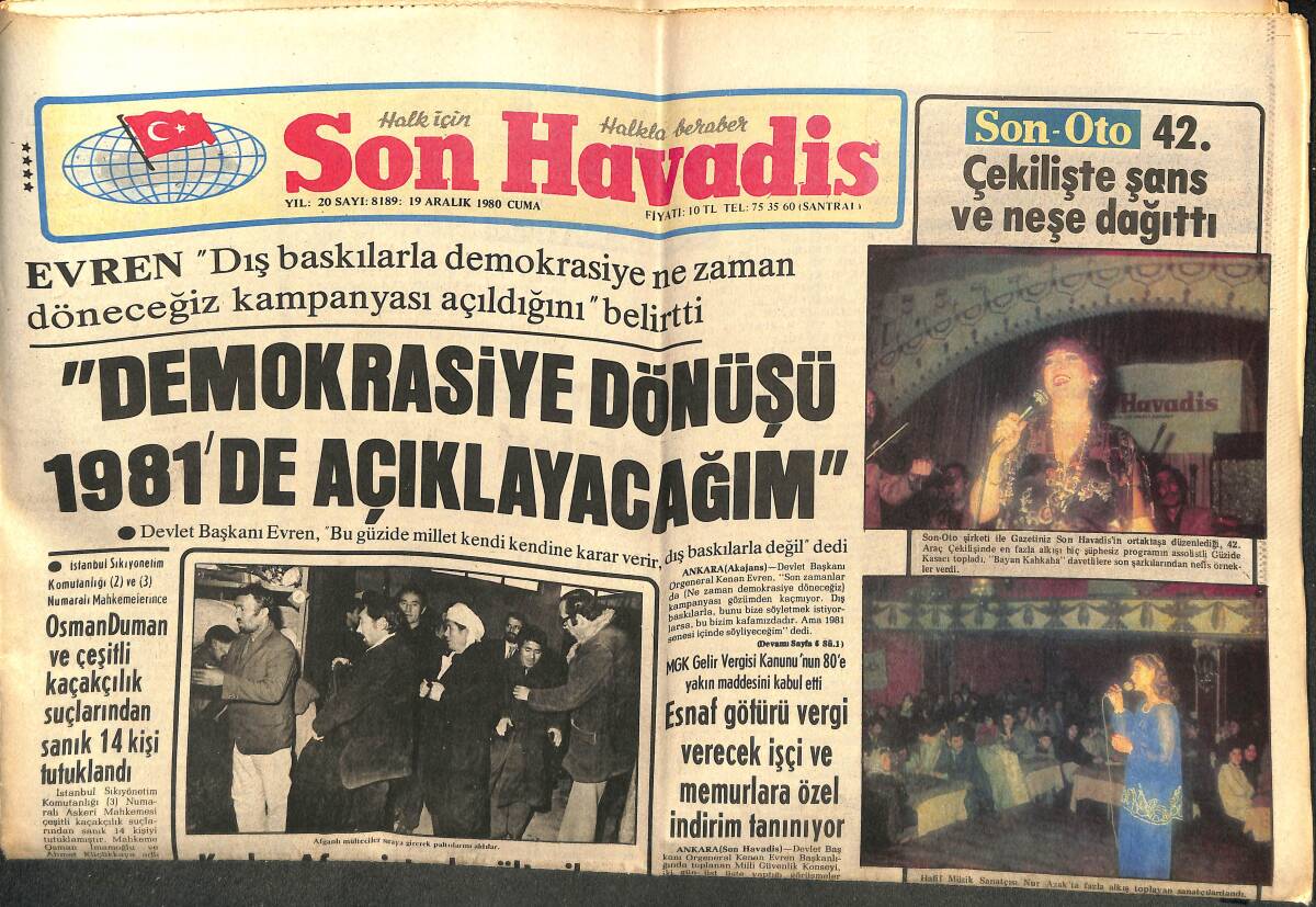 Son Havadis Gazetesi 19 Aralık 1980 - Demokrasiye Dönüşü 1981'de Açıklayacağım - 24 İlin Emniyet Müdürü Değiştirildi GZ143441 - 1