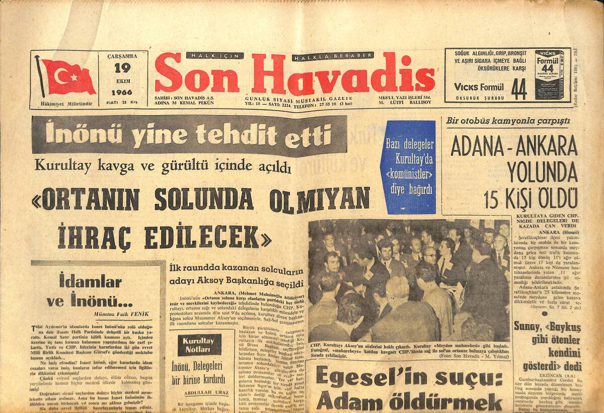 Son Havadis Gazetesi 19 Ekim 1966 - Milli Takım Törenle Karşılanacak - Yunanistan Türk Okullarının Açılmasına İzin Vermiyor GZ142847 - 1