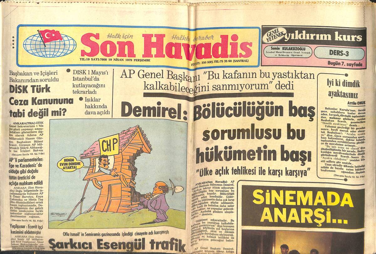 Son Havadis Gazetesi 19 Nisan 1979 - Şarkıcı Esengül Trafik Kazasına Kurban Gitti - Süreyya Sinemasını Kana Bulayan Bomba Sovyet Yapısı Çıktı GZ143081 - 1