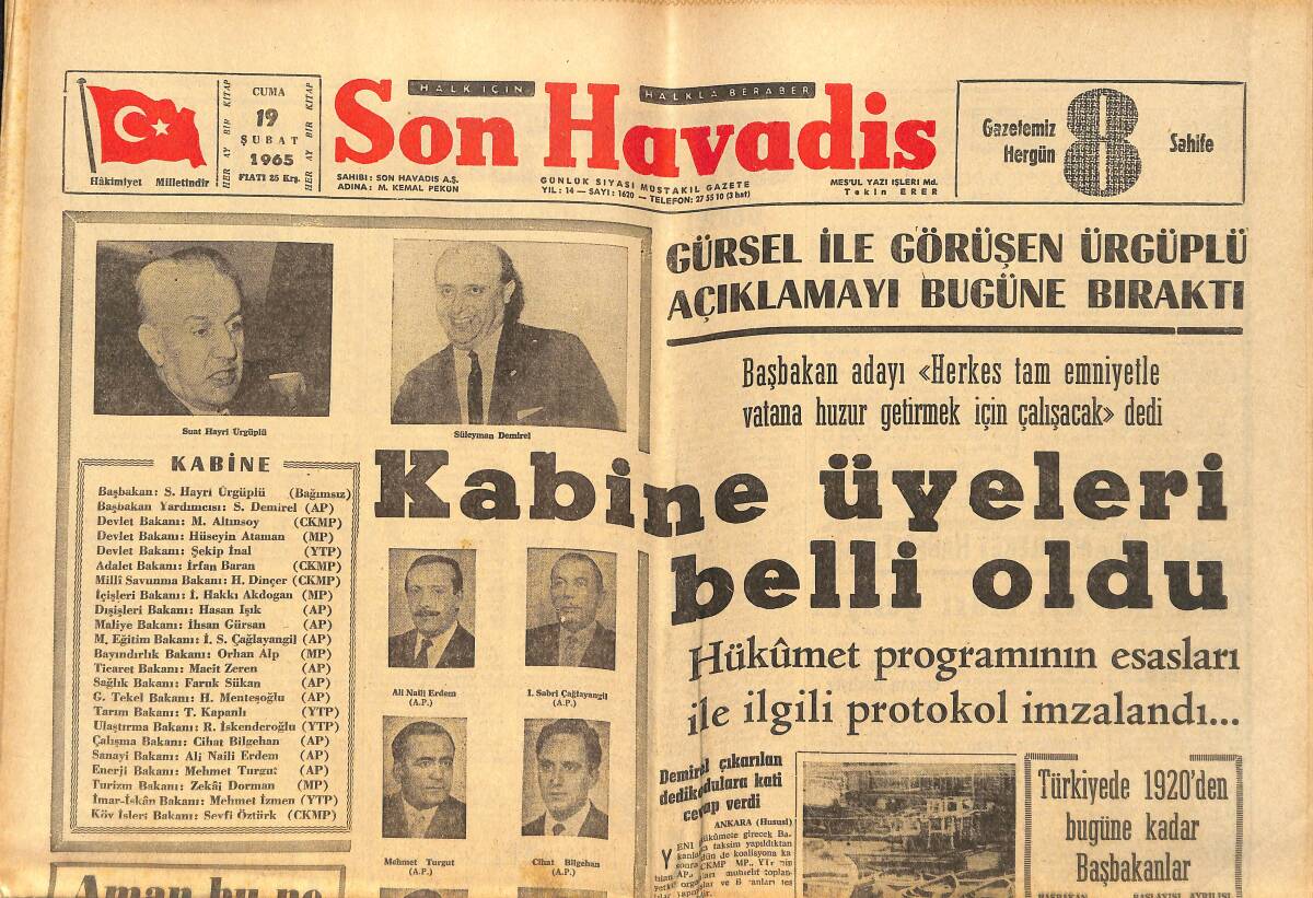 Son Havadis Gazetesi 19 Şubat 1965 - Ege'liler Yeni Tekel Bakanına Ümit Bağladı - Kabine Üyeleri Belli Oldu GZ158654 - 1