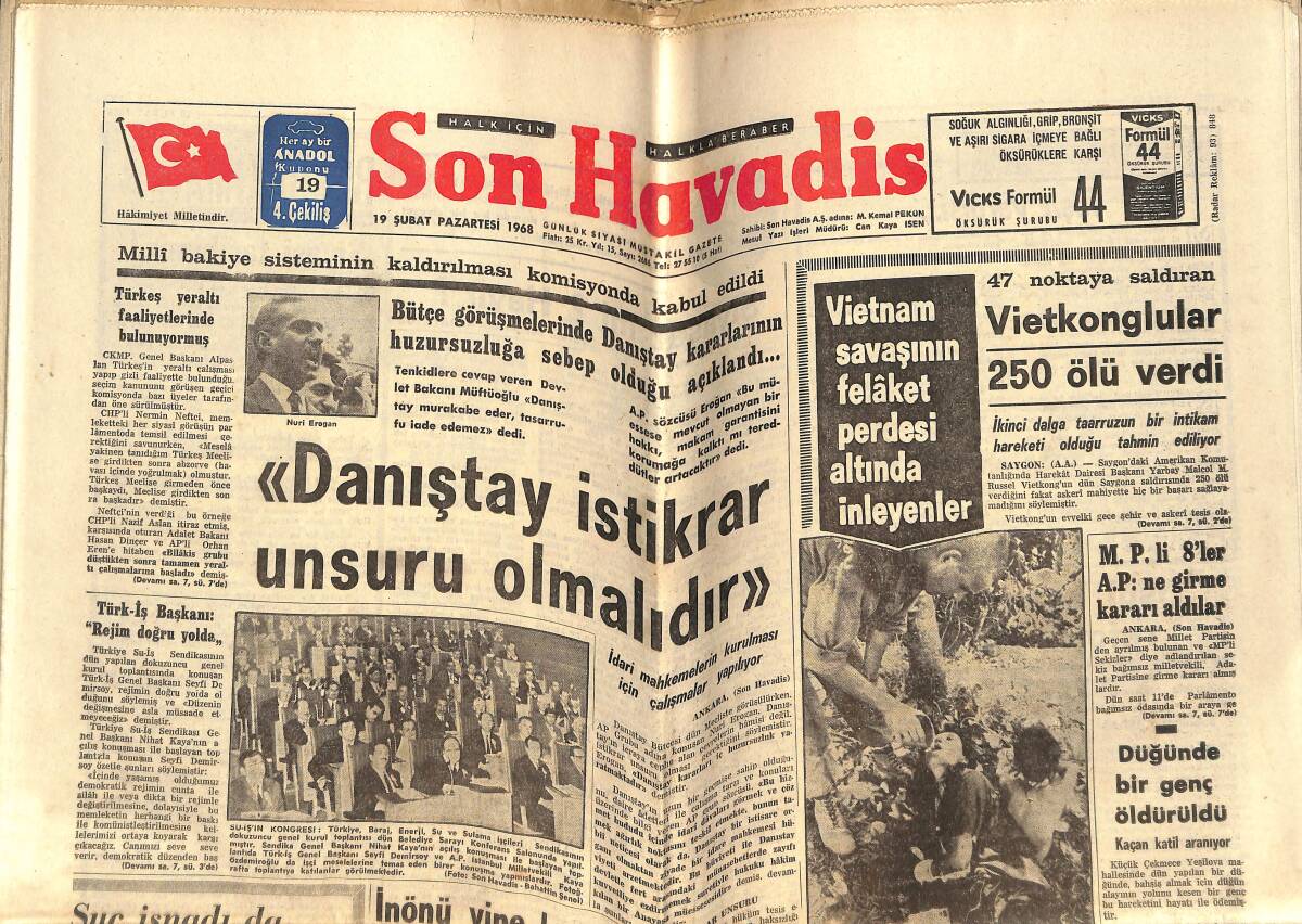 Son Havadis Gazetesi 19 Şubat 1968 - Galatasaray Lisesi 100 Yaşına Girdi, Metin Oktay Gol Kralı Oldu- Kamuran Akkor İle Vasfi Uçaroğlu Gizlice Evlendi GZ148971 - 1