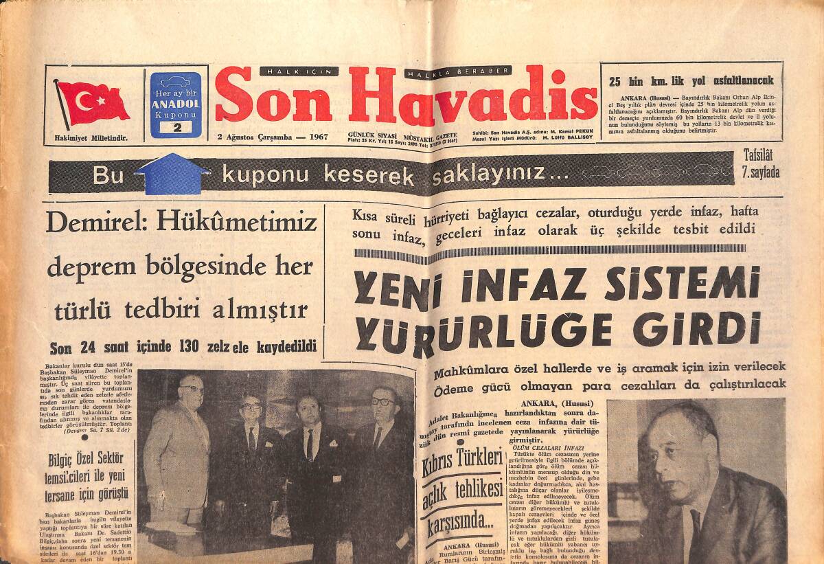 Son Havadis Gazetesi 2 Ağustos 1967 - Yeni İnfaz Sistemi Yürürlüğe Girdi - CHP'liler Ağır Bir Yenilgiye Uğradılar GZ149652 - 1