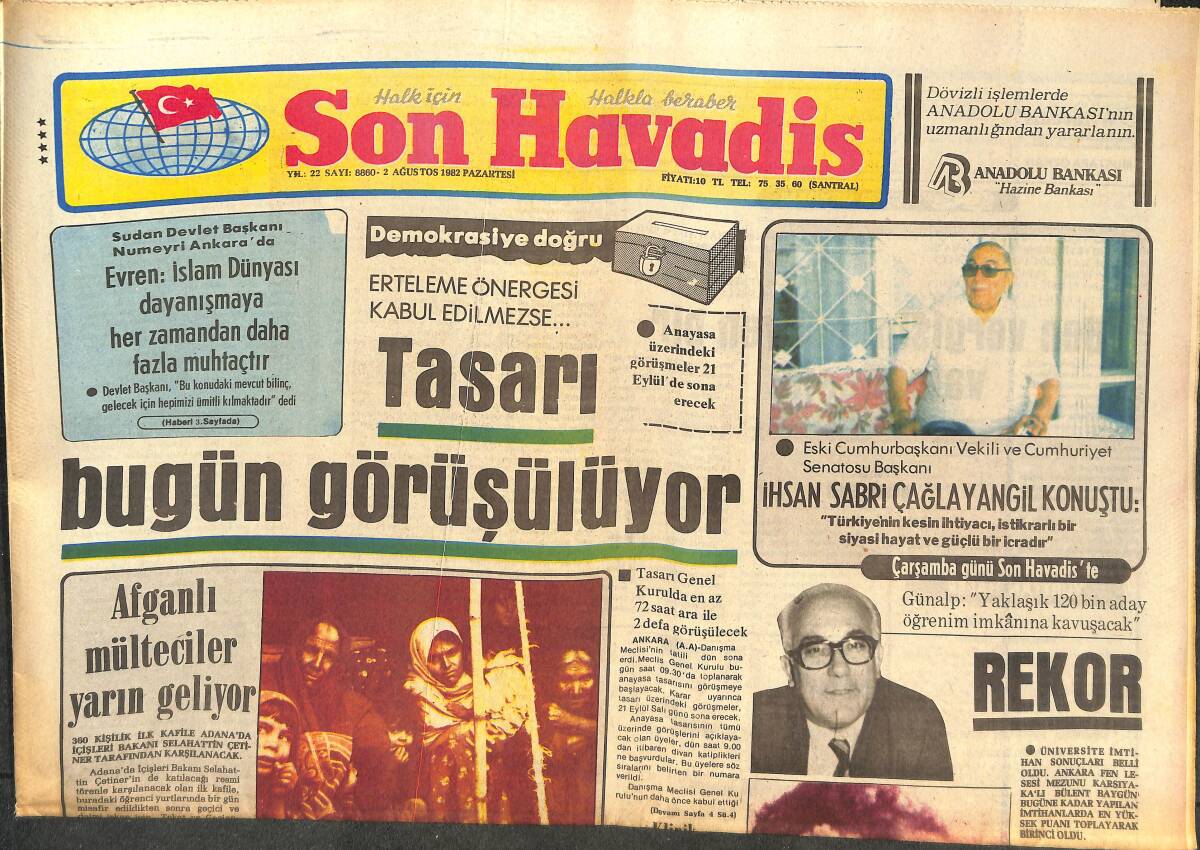 Son Havadis Gazetesi 2 Ağustos 1982 - Kapalıçarşı'daki Mezat Yeri Restore Ediliyor - Afganlı Mülteciler Yarın Geliyor GZ142757 - 1