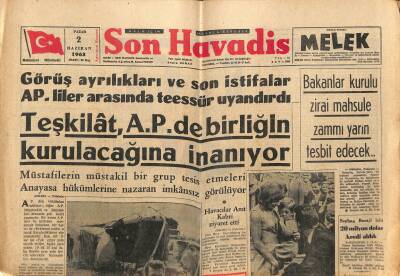Son Havadis Gazetesi 2 Haziran 1963 - Seyhan Barajı İçin 20 Milyon Dolar Kredi Aldık - Teşkilât , A.P. de Birliğin Kurulacağına İnanıyor GZ121008 - 1