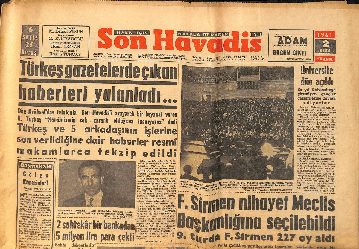 Son Havadis Gazetesi 2 Kasım 1961 - Türkeş Gazetelerde Çıkan Haberleri Yalanladı... - C.Gürsel Liderleri Yine Davet Etti GZ158840 - 1