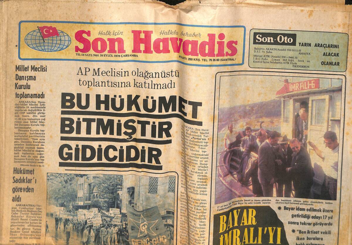 Son Havadis Gazetesi 20 Eylül 1978 - Bu Hükümet Bitmiştir Gidicidir - İran Depreminde Ölü Sayıları Artıyor GZ133522 - 1