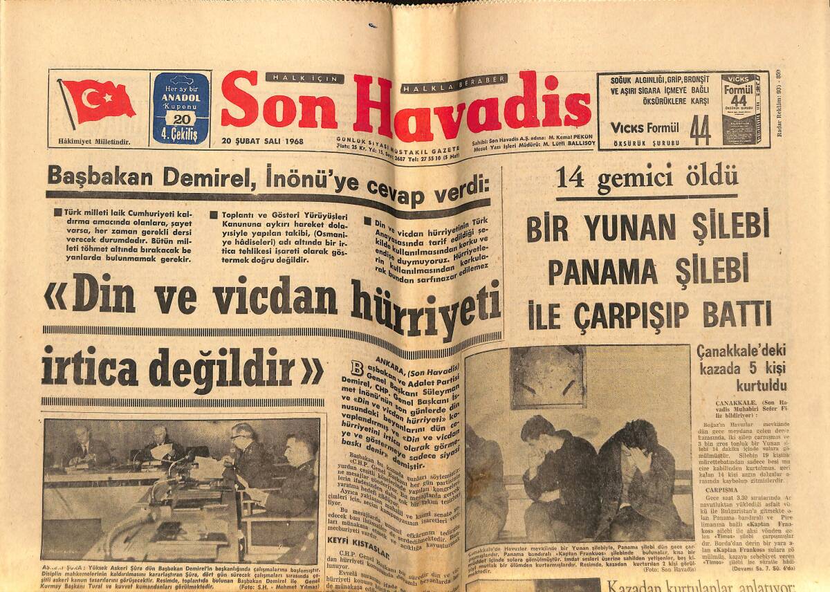 Son Havadis Gazetesi 20 Şubat 1968 - Bir Yunan Şilebi Panama Şilebi İle Çarpışıp Battı - Vietkong'lar Hue'den Çekiliyor GZ148736 - 1