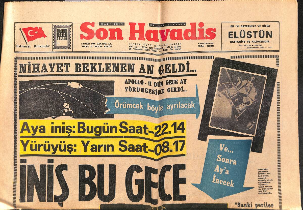 Son Havadis Gazetesi 20 Temmuz 1969 - Sovyetler Luna-15 Hakkında İlk Resmi Açıklamayı Yaptılar - Aya İniş Bu Gece GZ149656 - 1