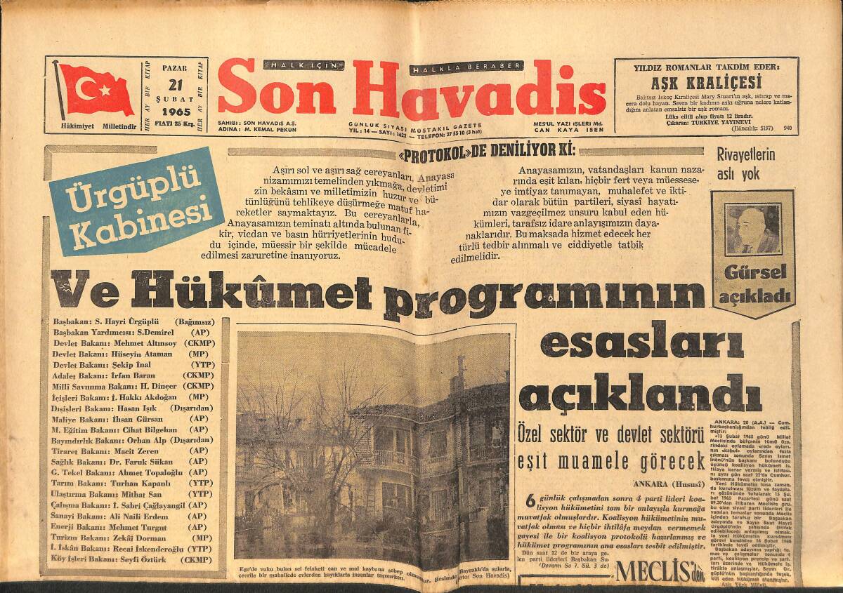 Son Havadis Gazetesi 21 Şubat 1965 - Diana Dors Geliyor - Tekin Erer'in Bir Davası Temyizde GZ158655 - 1