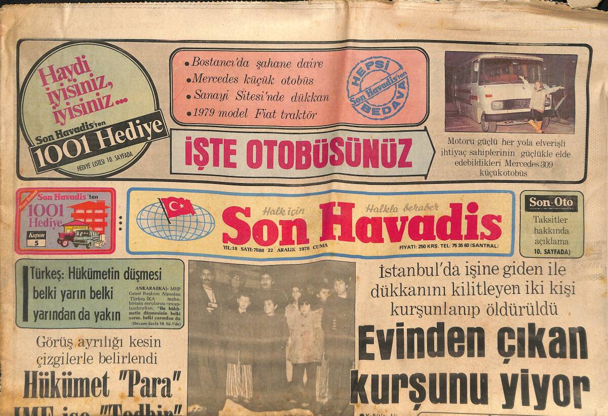 Son Havadis Gazetesi 22 Aralık 1978 - Türkeş : Hükümetin Düşmesi Belki Yarın Belki Yarından da Yakın - Beşiktaş Camiası Zor Durumda Bırakılıyor GZ133547 - 1