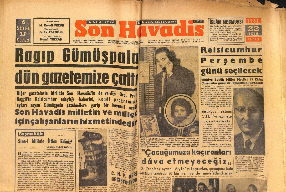 Son Havadis Gazetesi 22 Ekim 1961 - Ragıp Gümüşpala Dün Gazetemize Çattı GZ158832 - 1