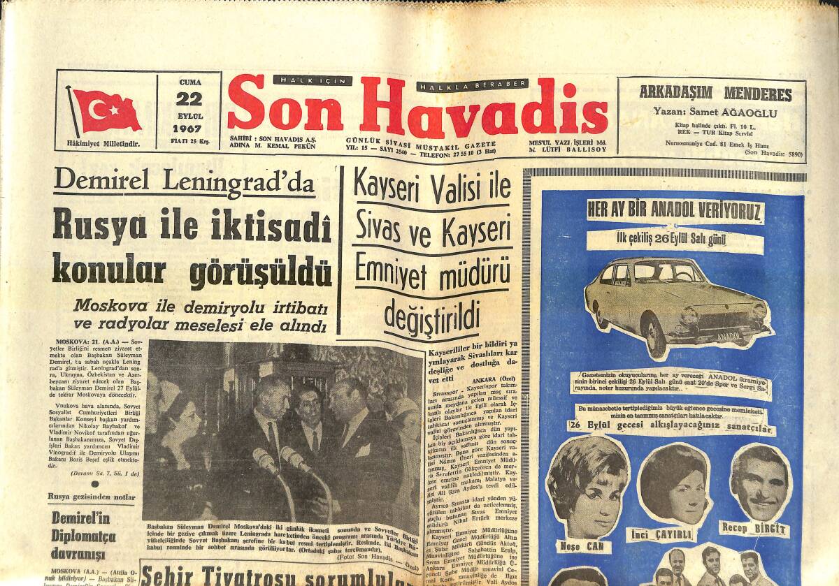 Son Havadis Gazetesi 22 Eylül 1967 - Galatasaraylı Yönetici 