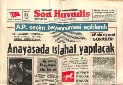 Son Havadis Gazetesi 22 Eylül 1969 - Anayasada Islahat Yapılacak GZ99086 - 1