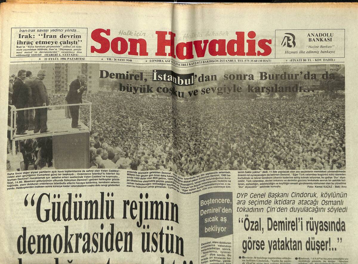 Son Havadis Gazetesi 22 Eylül 1986 - Galatasaray'a Fenerbahçe Hafif Geldi - Demirel, Burdur'da Büyük Sevgi İle Karşılandı GZ149753 - 1