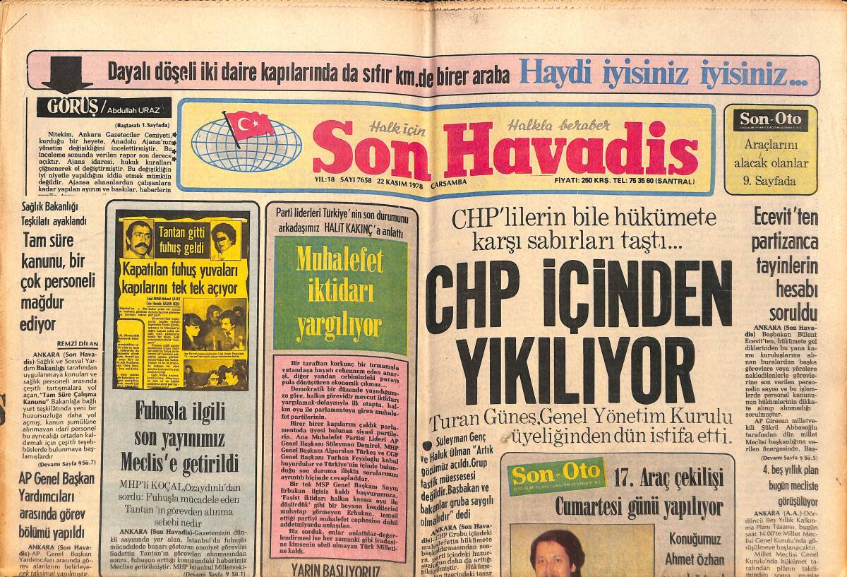 Son Havadis Gazetesi 22 Kasım 1978 - Simonet : Türkiye'nin İktisadi Durumu Endişe Verici - CHP İçinden Yıkılıyor GZ160257 - 1