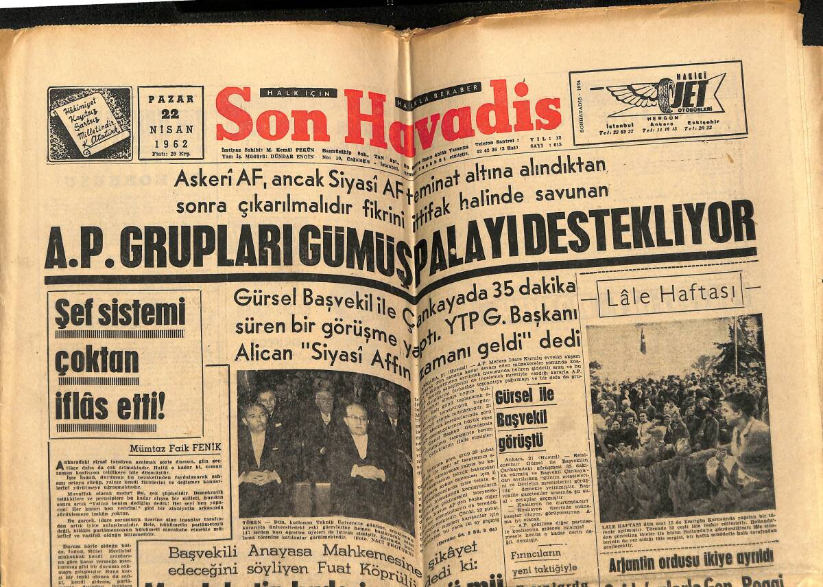 Son Havadis Gazetesi 22 Nisan 1962 - Cezayir Katliâmı Nihayete Eriyor - A.P. Grupları Gümüşpalayı Destekliyor GZ148772 - 1