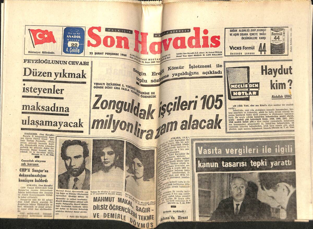 Son Havadis Gazetesi 22 Şubat 1968 - Amerikan Jetleri Hue Kalesini Bombalıyorlar - Zonguldak İşçileri 105 Milyon Lira Zam Alacak GZ148757 - 1