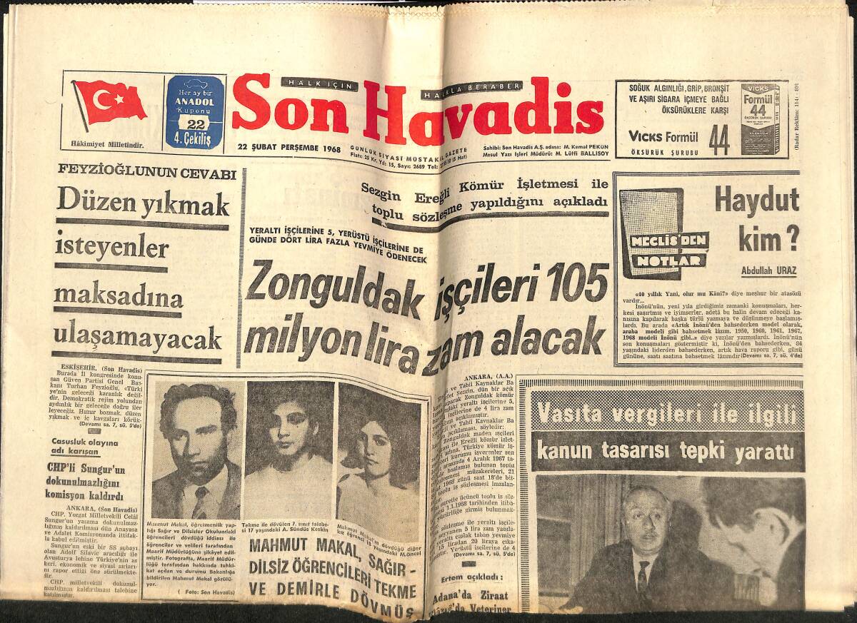 Son Havadis Gazetesi 22 Şubat 1968 - Küçük Esnafın Vergileri Düşük Seviyede Kalacak GZ148758 - 1